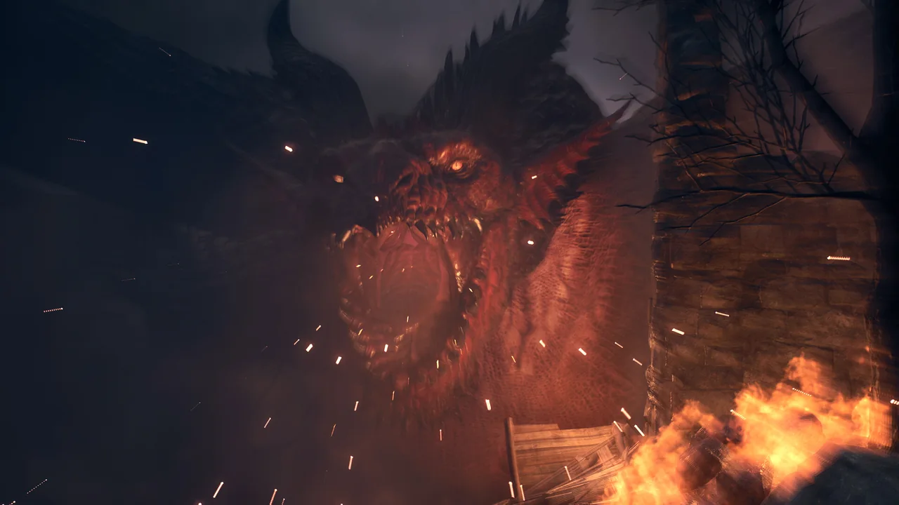 A roaring dragon looms beside a stone tower amid fire and embers.