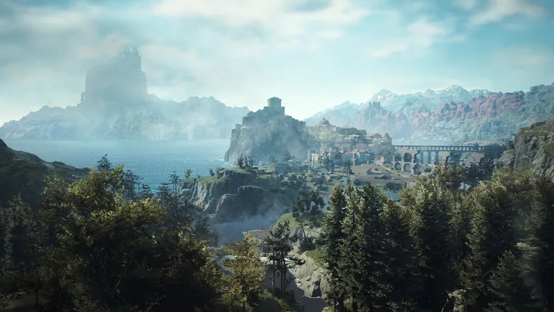 A fortified coastal city and stone bridge overlook a bay beyond a forested hillside.